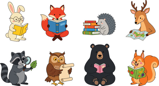 Cute Woodland Animals Reading Books Vector Set Featuring Wise Owl Bear Fox Rabbit Squirrel Hedgehog Raccoon and Deer for School Education Graphic Designs