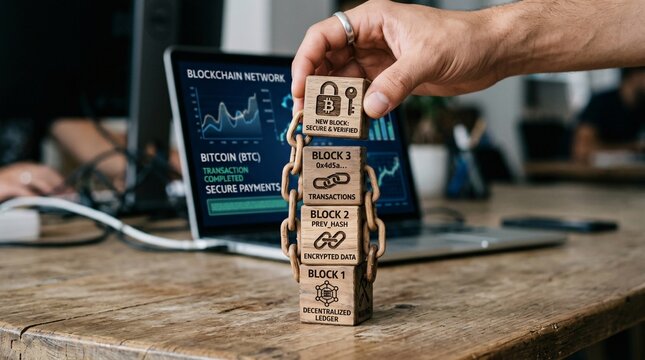 Person building a blockchain concept with wooden blocks and glowing chains over a cryptocurrency laptop dashboard.