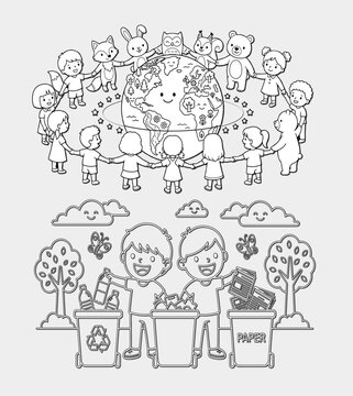 Educational coloring page for kids featuring children and animals hugging a smiling globe, alongside boys sorting waste into recycling bins for eco-friendly learning. 