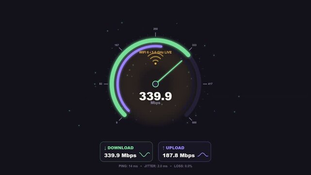 Internet speed test interface displays high-speed download and upload metrics on a dark background.