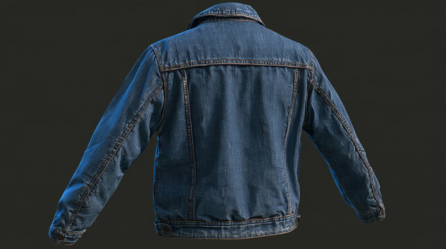 Classic blue denim jacket isolated on dark background back view studio