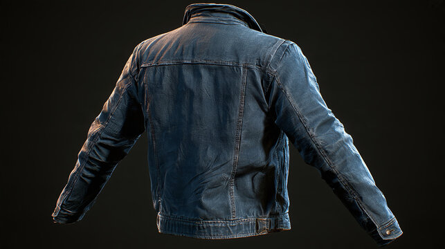 Classic blue denim jacket isolated on dark background back view render