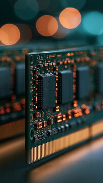 Server memory module macro, a green DIMM circuit board with black DRAM chips and gold edge contacts standing in a row, computer hardware close up with warm bokeh behind