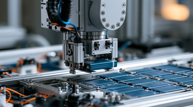 Battery quality control on an assembly line, a vision guided pick and place head with two cameras lowering onto blue prismatic lithium cells in a battery module