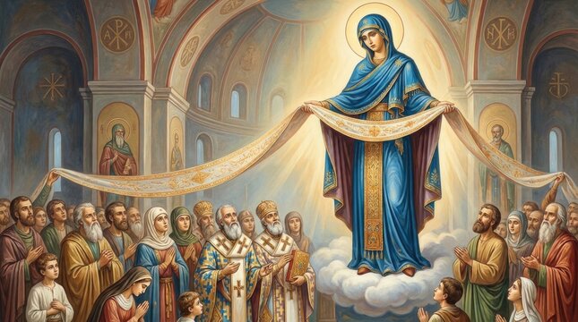 Protection of the mother god, showing virgin mary extending sacred veil above praying congregation within orthodox cathedral, depicts holy intercession during liturgical feast day celebration.