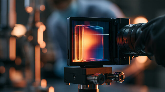 Infrared thermal inspection in a laboratory, a camera monitor on a copy stand showing a false colour heat map of a battery cell under test, thermal imaging close up