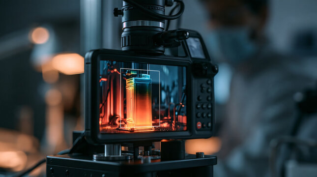 Battery cell testing in a laboratory, a thermal camera monitor showing a prismatic lithium cell in false colour while it charges on the test rig standing behind the screen