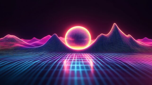 Glowing sphere over neon grid landscape synth wave music production