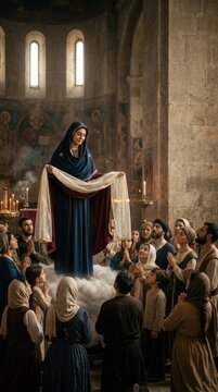 Virgin Mary demonstrating protection, holding sacred veil over kneeling community, showing divine grace, blessing faithful crowd inside cathedral, visualizing religious belief.
