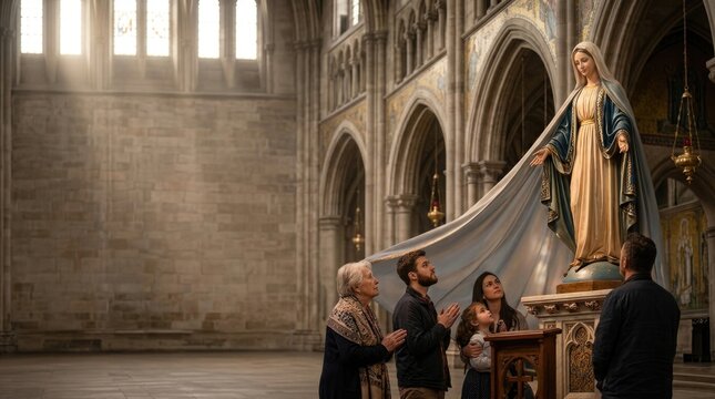 Statue depicting blessed mother, family praying under divine mantle, christian believer seeking protection, catholic intercession, religious cathedral interior, kneeling devotee, worship.