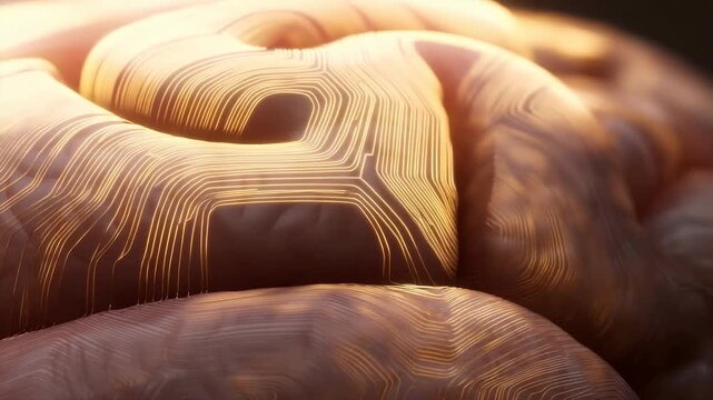 Rounded biomorphic folds become traced by glowing golden contour lines that spread across ridged surfaces, illuminating layered curves in a warm abstract macro composition