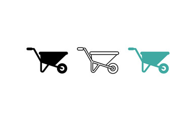 wheelbarrow icon set in three styles, gardening and construction cart vector symbols, simple wheelbarrow line art and solid silhouettes © haseeb