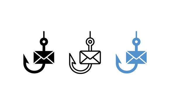 Phishing email icon set with fishing hook and envelope, cyber security threat concept, digital scam and spam mail warning symbols