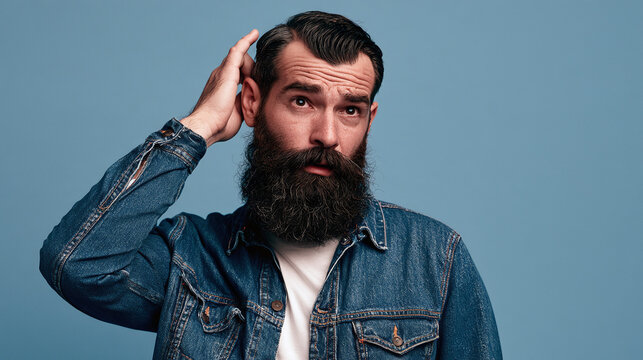 Thoughtful bearded man scratch head think solve problem question studio