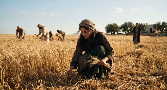 Ruth Gathering Leftover Barley in Boaz's Field During the Harvest Season, Book of Ruth Biblical Story
