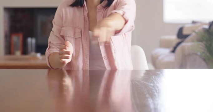 Close up of people talking to the camera, Gesturing with hands, woman in casual shirt sitting at tab