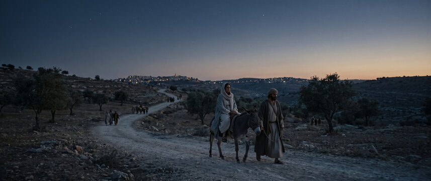Mary and Joseph Journeying to Bethlehem With Mary Riding a Donkey, Journey Before the Birth of Jesus, Gospel Story
