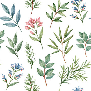 Watercolor botanical herbs and leaves seamless pattern with hand painted foliage branches