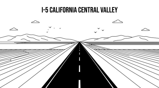 Very beautiful black and white flat realistic vector illustration of I-5 California Central Valley featuring an empty straight highway, wide agricultural fields, distant low mountains, I-5 CALIFORNIA 