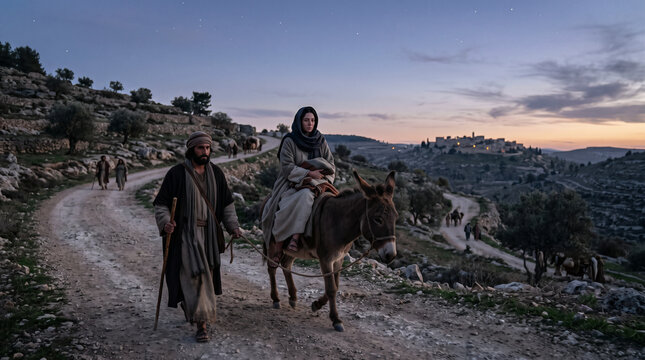 Mary and Joseph Journeying to Bethlehem With Mary Riding a Donkey, Journey Before the Birth of Jesus, Gospel Story
