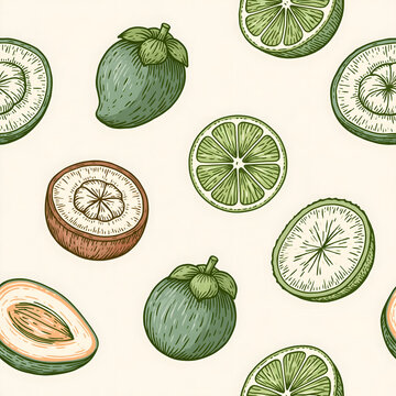 Seamless pattern of hand drawn tropical citrus fruits and sliced limes on a light background
