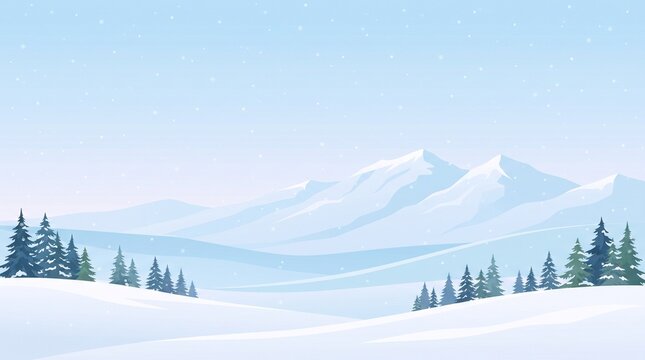 Snowy mountain landscape with pine forest in winter season during cold weather vector illustration