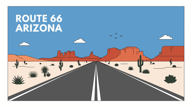 Very beautiful flat realistic vector illustration of Route 66 Arizona featuring an empty desert highway, red rock formations, sparse desert plants, simple mountains, ROUTE 66 ARIZONA, clean flat outli
