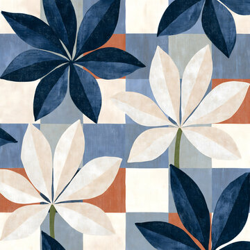 Abstract floral pattern with blue and cream leaves on a geometric patchwork background