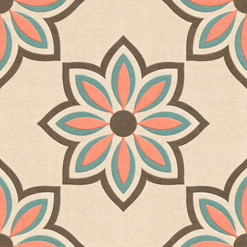 Seamless floral geometric tile pattern with vintage textured background