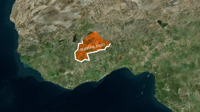 Burkina faso geographic country map highlighting with satellite motion animation for professional digital video media projects
