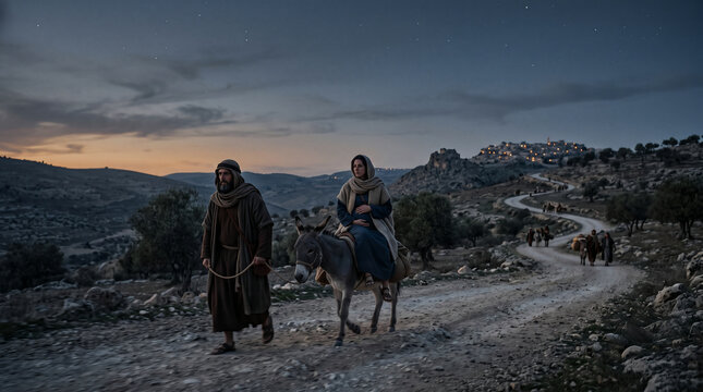 Mary and Joseph Journeying to Bethlehem With Mary Riding a Donkey, Journey Before the Birth of Jesus, Gospel Story
