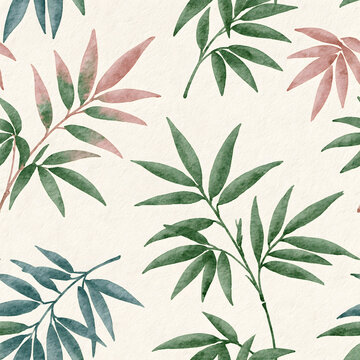 Watercolor tropical leaves pattern on textured paper background