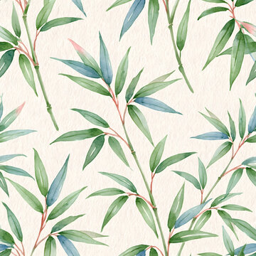 Watercolor bamboo leaves seamless pattern on textured paper background