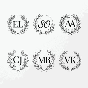 Elegant monogram initials with laurel wreaths in clean black and white vector style
