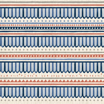 Hand drawn seamless striped pattern with scallops and diamonds in blue and coral