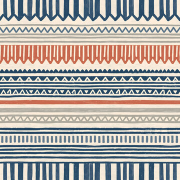 Hand drawn geometric tribal stripes pattern in blue and coral