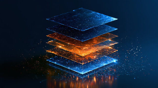Abstract stacked glowing blue and orange layers for technology concept