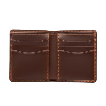 Open brown leather wallet with card slots isolated on transparent background