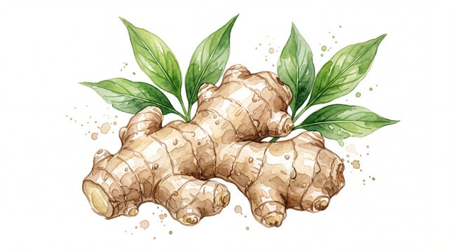 Ginger root botanical illustration with green leaves in watercolor