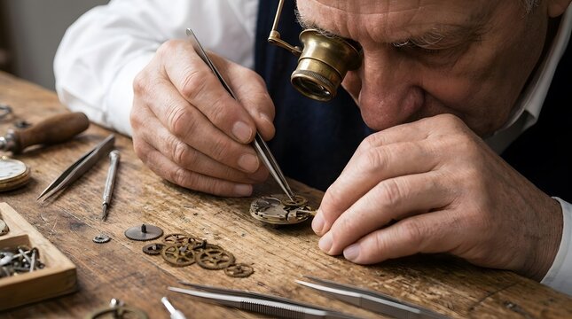 Senior watchmaker repairing a vintage mechanical watch with tweezers in workshop