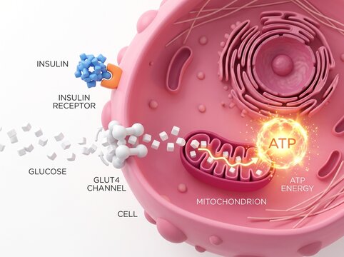 Scientific illustration showing the cellular mechanism of insulin signaling and glucose uptake for energy production.