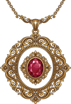 Vintage gold locket with ruby gemstone, ornate baroque pendant on golden chain, antique victorian jewelry vector illustration for luxury branding