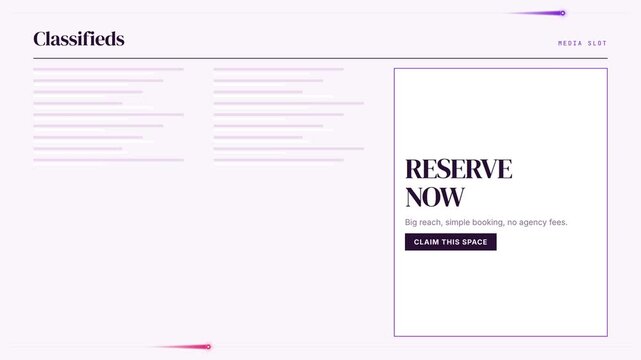 Classifieds Advertisement Layout with Reserve Now Media Slot