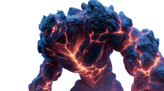 Molten lava rock golem creature with glowing magma cracks and smoky blue atmospheric lighting