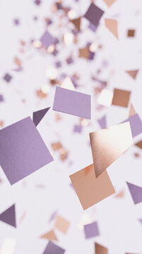 Falling purple and rose gold geometric confetti shapes on white background