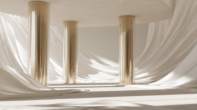 Minimalist interior stage with gold columns and white fabric drapes