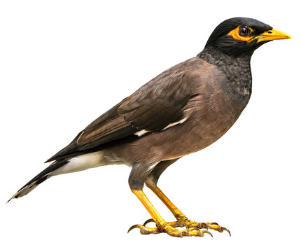 Common Myna bird standing in side profile, detailed cutout isolated on transparent background.