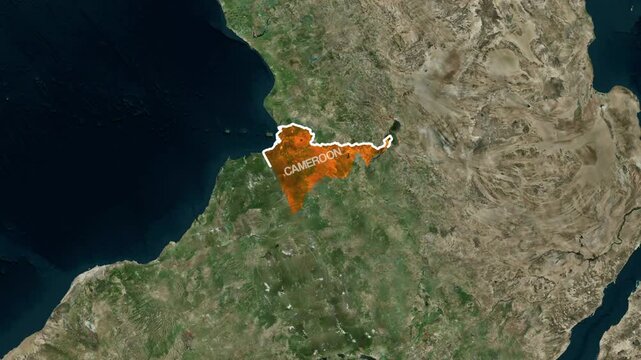 Cameroon nation highlighted on rotating digital satellite earth map for professional geography research animation video clip