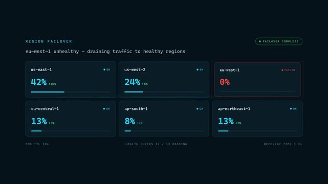 Failover Dashboard Visualizing Cloud Region Traffic Redistribution