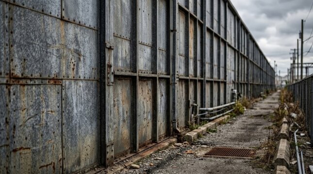 An industrial alleyway is lined with a weathered building featuring a distinct rust texture metal wall, showcasing signs of decay alongside a narrow path under a cloudy sky